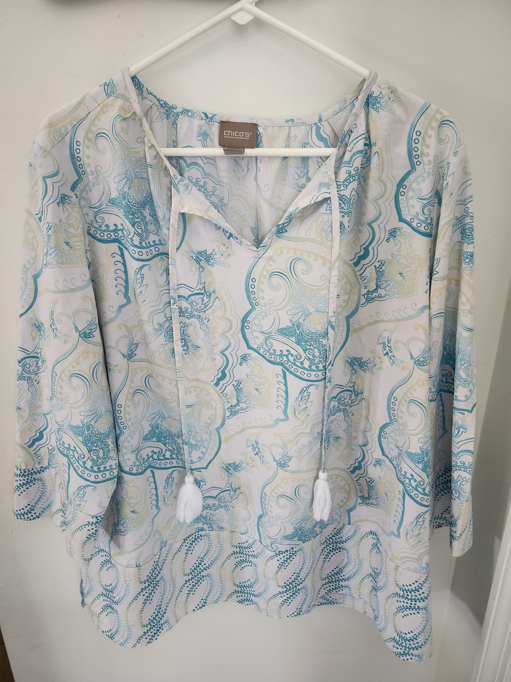 Chico's White Tunic with Aqua Paisley Print and Tassel Ties